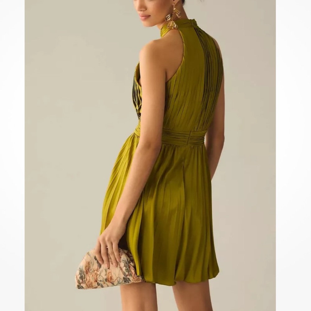 Mac Duggal Pleated High Neck Sleeveless Mini Dress Chartreuse Green Size 12 NWT - Picture 3 of 17